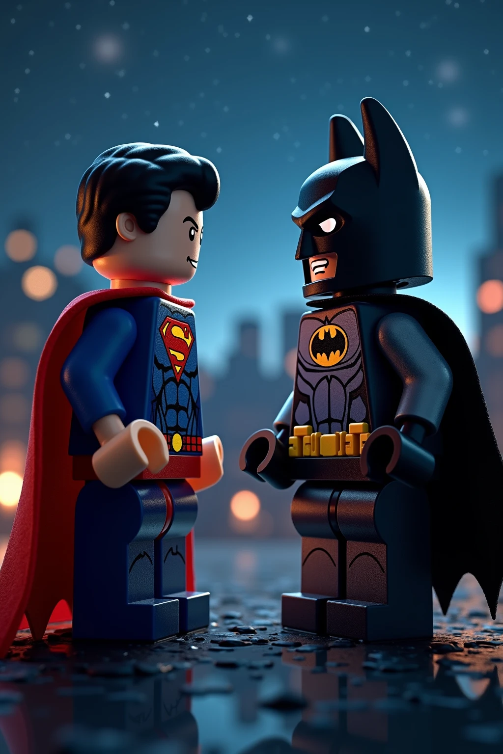 Superman and Batman in lego art, night