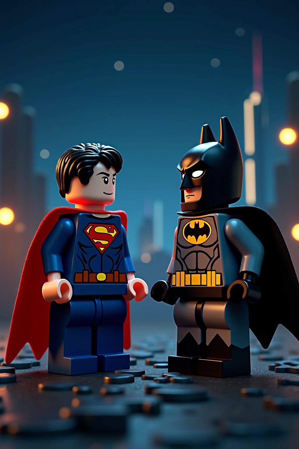 Superman and Batman in lego art, night