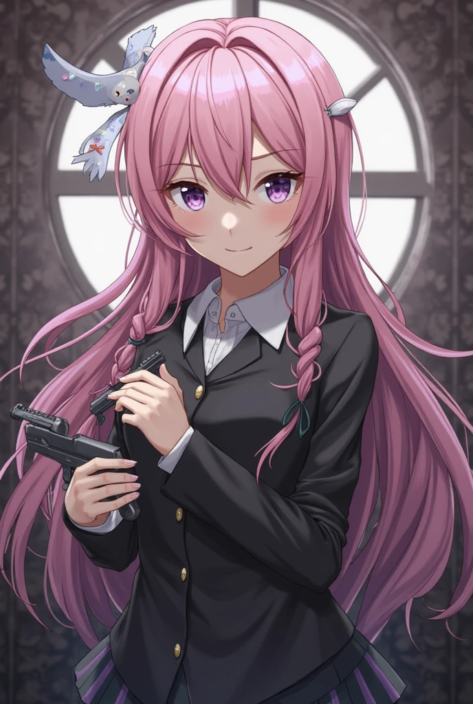 Rating 9,rating 8 or above,rating 7 or above,1 girl ,soio,dorothyalt,pink hair,Long hair,Braided bun,shairband,hair adornments,Purple eyes,非常moisty的皮肤,moisty,damp hair,messy hair,Plump breasts,Dark school uniform,Sateen,Sateen天,about to commit suicide,finger on trigger,hand gun,Hold a gun in both hands,Dramatic light,looking at the audience,shadow face,vacant eyes,大Sateen,Pastel tones,The light from the back window is backlighted,low head,masterpiece,Best quality,an owl circling around