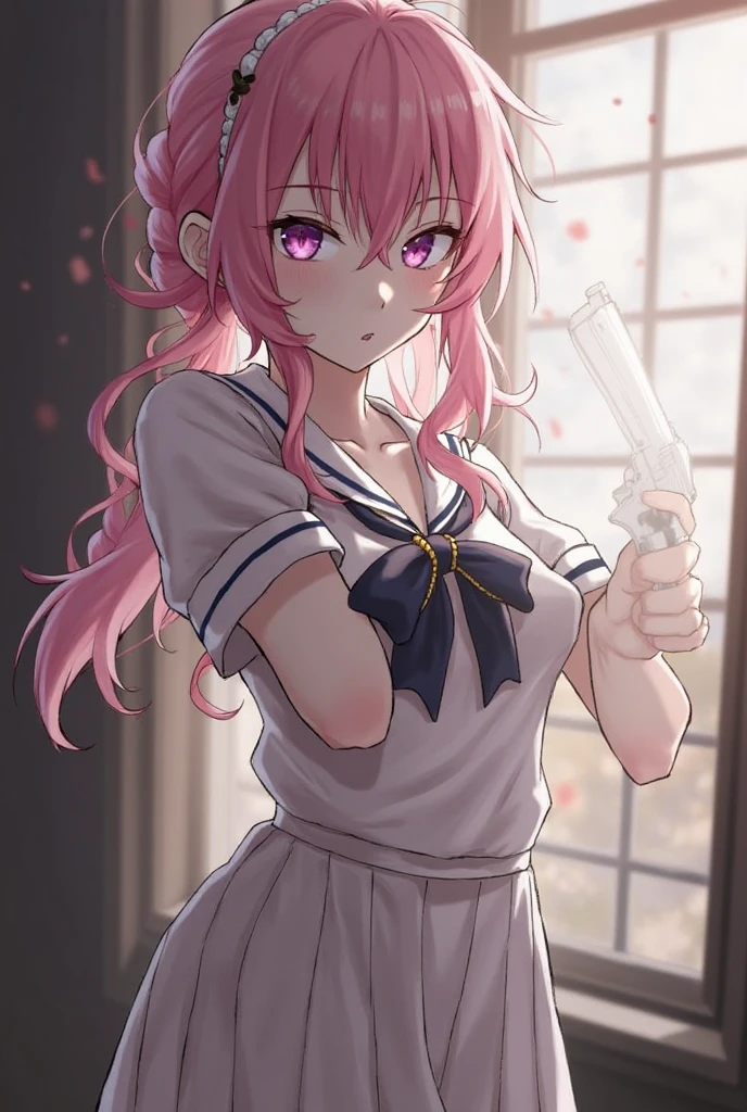 Rating 9,rating 8 or above,rating 7 or above,1 girl ,soio,dorothyalt,pink hair,Long hair,Braided bun,shairband,hair adornments,Purple eyes,非常moisty的皮肤,moisty,damp hair,messy hair,Plump breasts,light colored school uniform,Nice figure,Sateen,Sateen天,about to commit suicide,finger on trigger,hand gun,Hold a gun in both hands,Dramatic light,looking at the audience,shadow face,vacant eyes,大Sateen,Pastel tones,The light from the back window is backlighted,low head,masterpiece,Best quality,