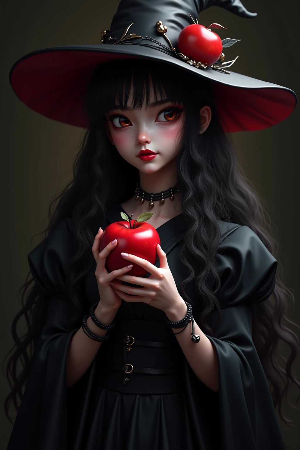 ((RAW photos)，Absurd ，(Absurd 分辨率))，masterpiece，Best quality，(extremely detailed 8k unity CG wallpaper)，(Most Best Illustration)，(BEST SHADOW)，Realistic lighting，Beautiful and detailed brilliance，((21yo))，girl，longblackhair，Black Queen，accessories for girls，Hold an apple，Poison apples，Witch Queen，red lipsticks，(((Her Photographic Perspective)))