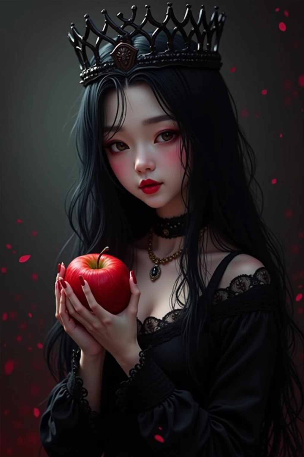 ((RAW photos)，Absurd ，(Absurd 分辨率))，masterpiece，Best quality，(extremely detailed 8k unity CG wallpaper)，(Most Best Illustration)，(BEST SHADOW)，Realistic lighting，Beautiful and detailed brilliance，((21yo))，girl，longblackhair，Black Queen，accessories for girls，Hold an apple，Poison apples，Witch Queen，red lipsticks，(((Her Photographic Perspective)))
