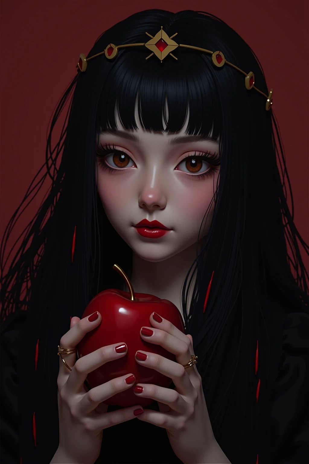 ((RAW photos)，Absurd ，(Absurd 分辨率))，masterpiece，Best quality，(extremely detailed 8k unity CG wallpaper)，(Most Best Illustration)，(BEST SHADOW)，Realistic lighting，Beautiful and detailed brilliance，((21yo))，girl，longblackhair，Black Queen，accessories for girls，Hold an apple，Poison apples，Witch Queen，red lipsticks，(((Her Photographic Perspective)))