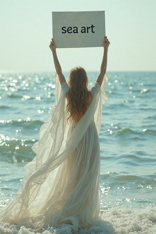 Beauty holds up a sign,The word “sea art” is written on the card