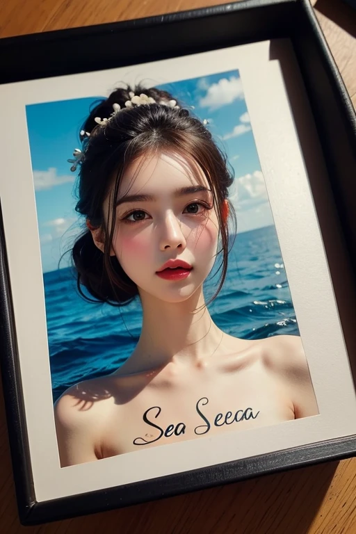 Beauty holds up a sign,The word “sea art” is written on the card