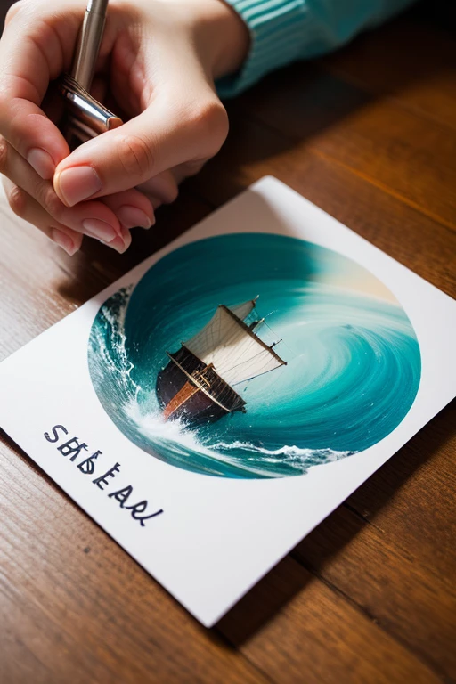 Beauty holds up a sign,The word “sea art” is written on the card