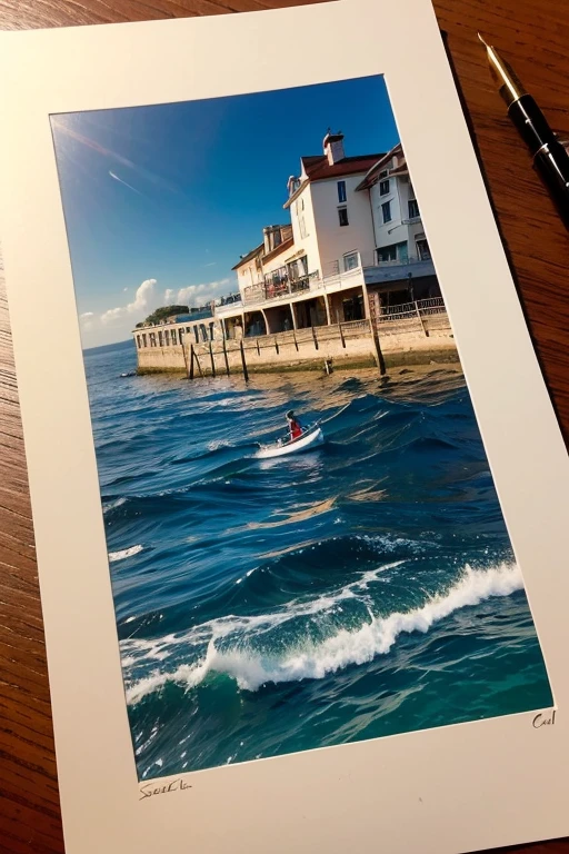 Beauty holds up a sign,The word “sea art” is written on the card