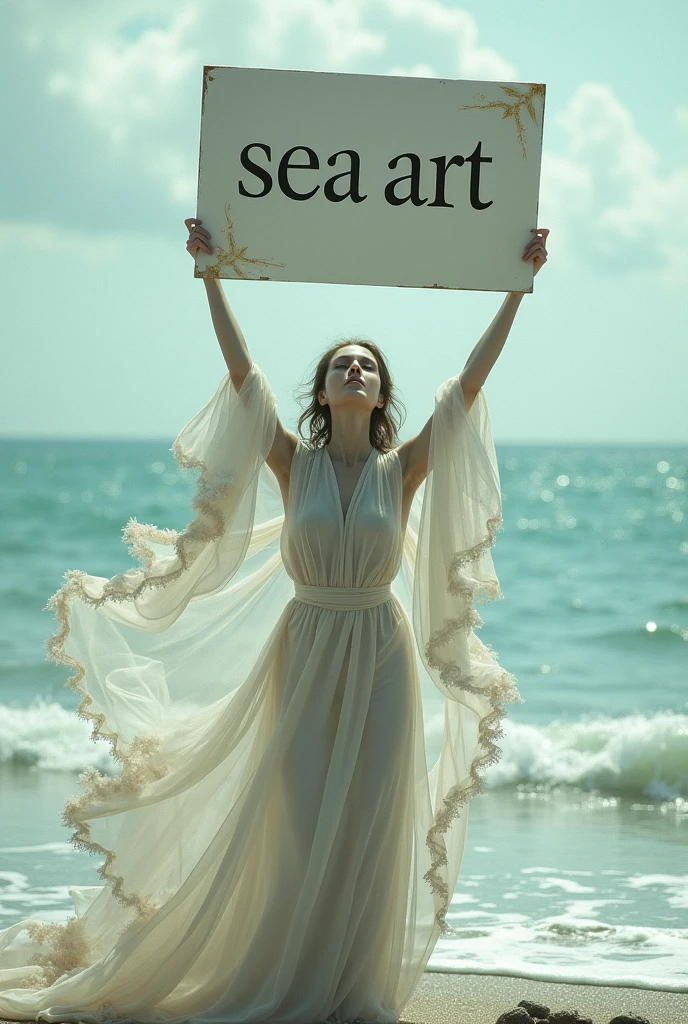 Beauty holds up a sign,The word “sea art” is written on the card