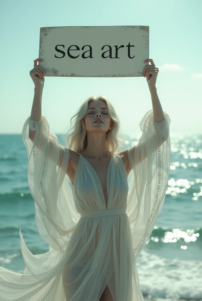 Beauty holds up a sign,The word “sea art” is written on the card