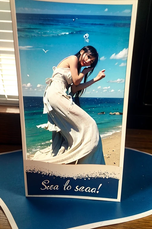 Beauty holds up a sign,The word “sea art” is written on the card