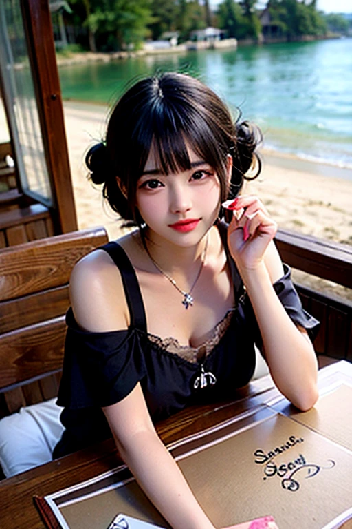 Beauty holds up a sign,The word “sea art” is written on the card