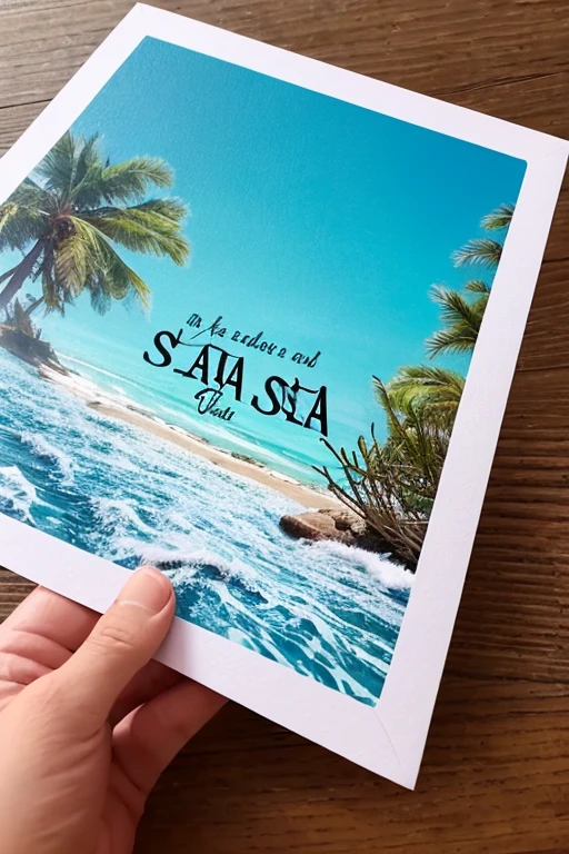 Beauty holds up a sign,The word “sea art” is written on the card