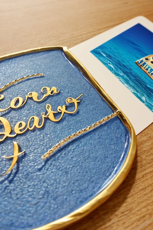 Beauty holds up a sign,The word “sea art” is written on the card