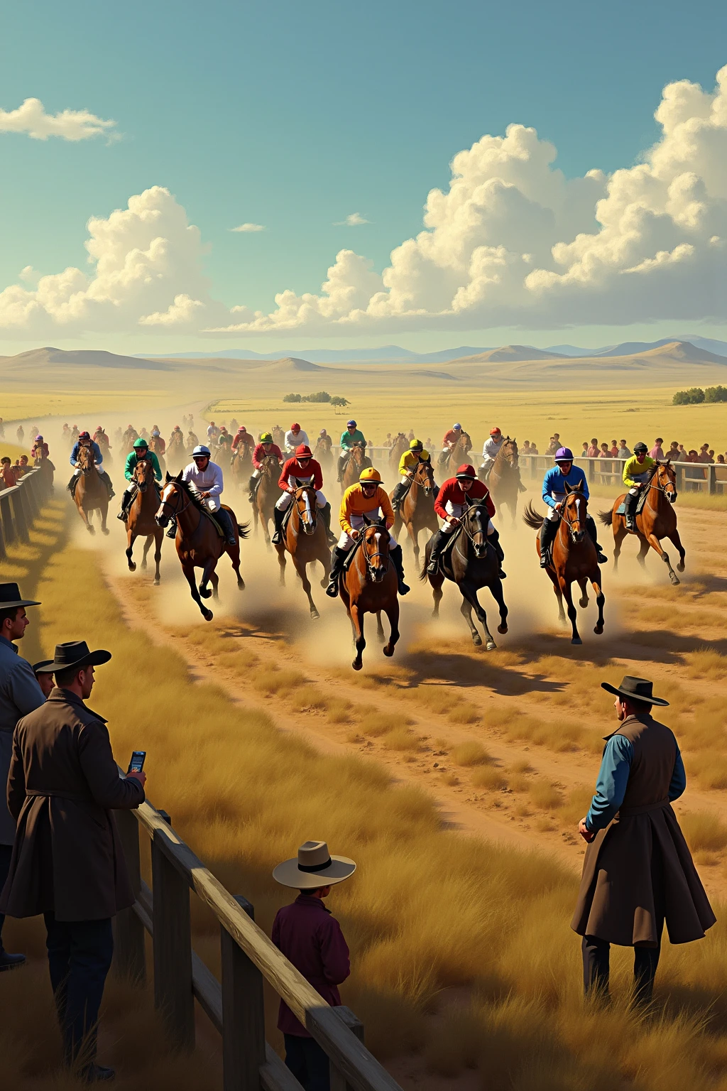 Create a picture of the prairie racetrack running amok