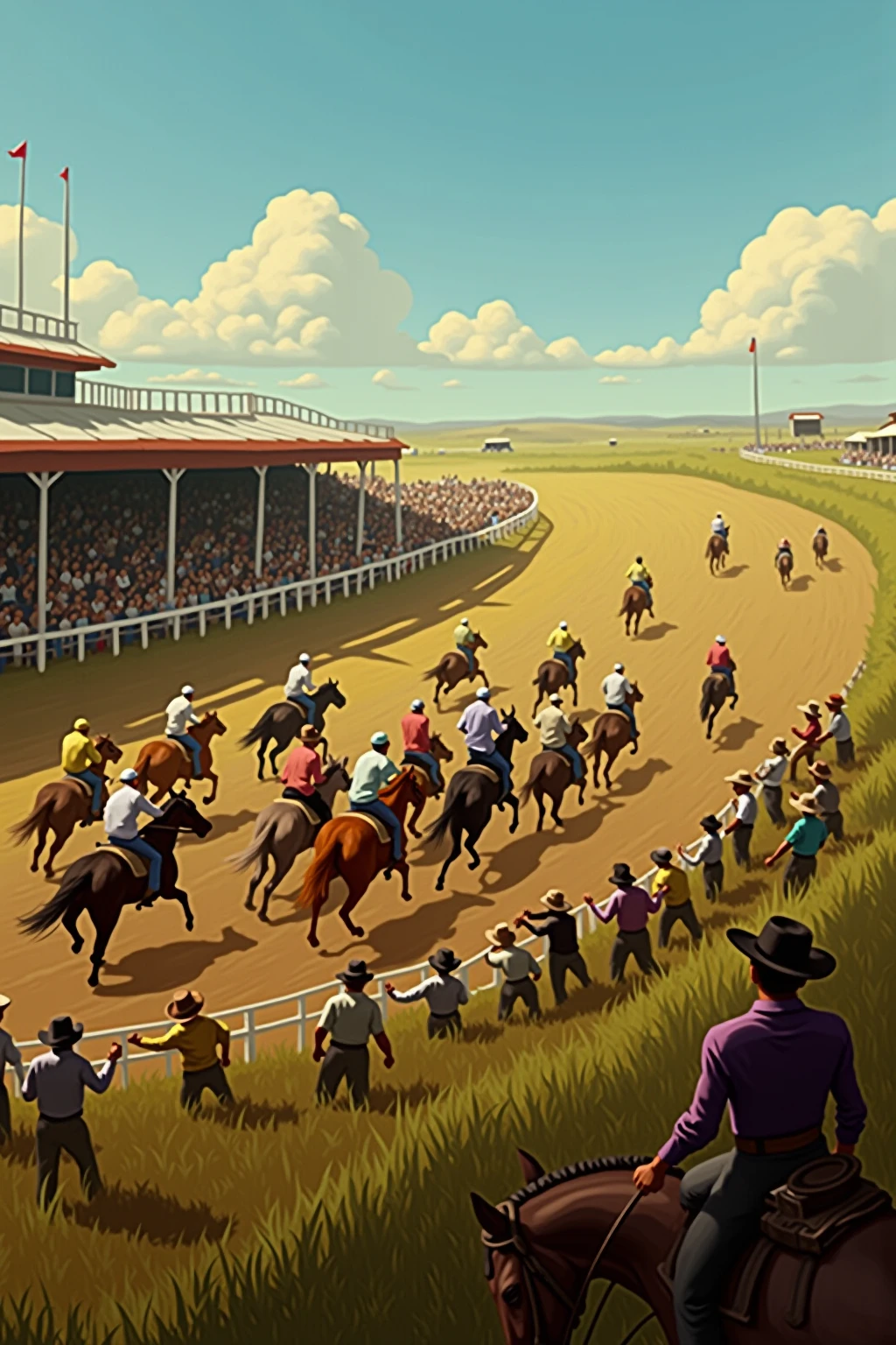 Create a picture of the prairie racetrack running amok