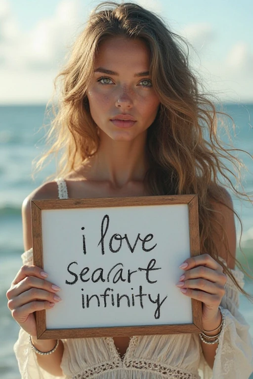 Beautiful girl with wavy long hair,Wearing a bohemian dress,Hand holding a whiteboard with the words “I Love SeaArt Infinity” written on it,and show the audience