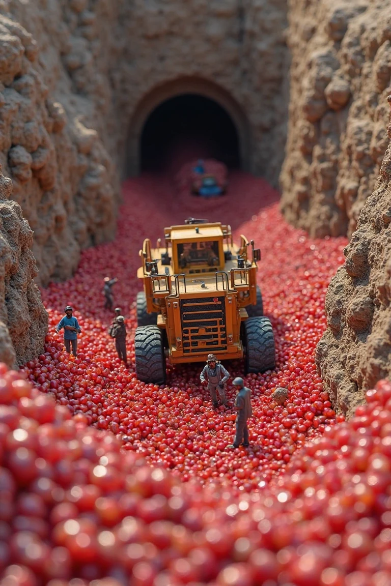 Miniatures,macro photography,Overlooking angle,A group of miners driving a tunneling machine digging pomegranate seeds in a super huge pomegranate cave,The background is pomegranate seeds,Some people are loading pomegranate seeds in a car,Surrounding it is rocky cliffs,Very dazzling