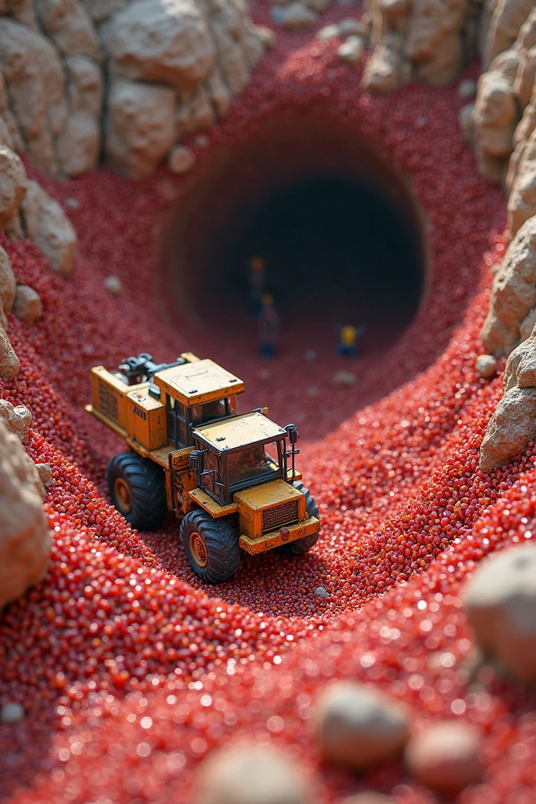 Miniatures,macro photography,Overlooking angle,A group of miners driving a tunneling machine digging pomegranate seeds in a super huge pomegranate cave,The background is pomegranate seeds,Some people are loading pomegranate seeds in a car,Surrounding it is rocky cliffs,Very dazzling