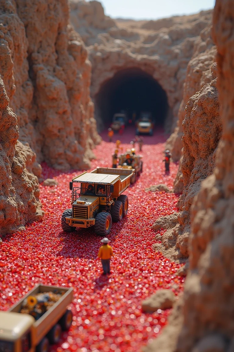 Miniatures,macro photography,Overlooking angle,A group of miners driving a tunneling machine digging pomegranate seeds in a super huge pomegranate cave,The background is pomegranate seeds,Some people are loading pomegranate seeds in a car,Surrounding it is rocky cliffs,Very dazzling