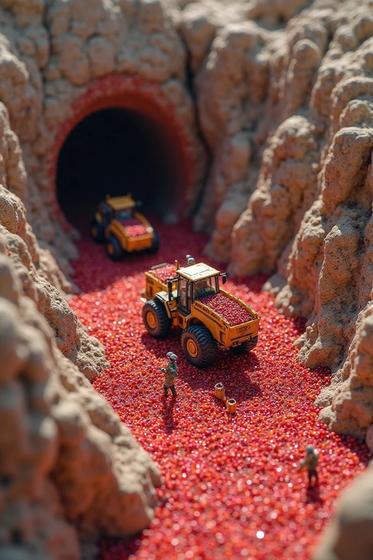 Miniatures,macro photography,Overlooking angle,A group of miners driving a tunneling machine digging pomegranate seeds in a super huge pomegranate cave,The background is pomegranate seeds,Some people are loading pomegranate seeds in a car,Surrounding it is rocky cliffs,Very dazzling
