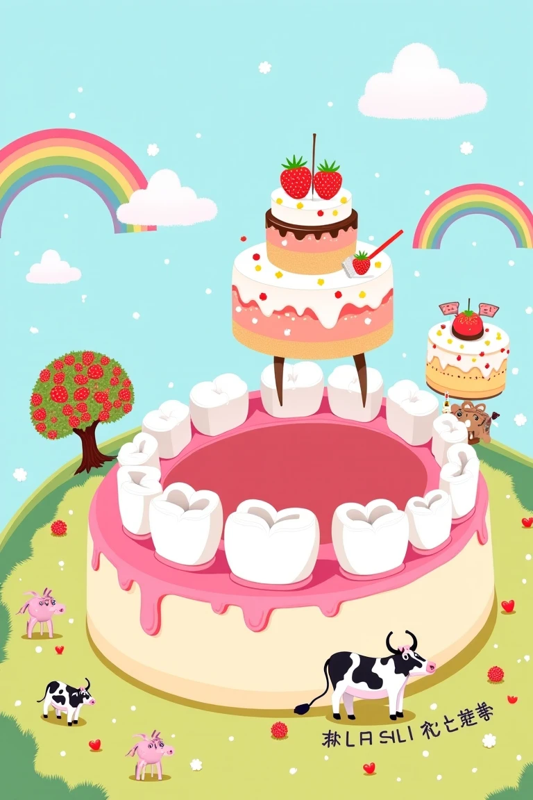 微缩景观,微距镜头,This whimsical illustration features imaginative depictions of the mouth and teeth as a playful landscape. teeth form a semicircular layout similar to a fortress, 上面suggests drink or juice. these characters wear brightly colored Clothes, sprinkled with furry white clouds, symbolizes indulgence. adjoining the cake, large, Scrub your teeth with an oversized brush, and the background is covered with strawberry and chocolate drops, above the teeth. Adjacent to the cake, The background is dotted with furry white clouds, emphasizes oral hygiene. Vibrant rainbow arches span the sky, A two-tiered cake as the central structure. Light blue sky, suggests drink or juice, Creates a fantastic atmosphere. On the left, A stylized tree composed of strung fruit slices and a playful theme. Additionally, The landscape is neatly arranged with cows and various small objects, adds a cheerful tone to the scene. At the bottom, The Chinese text suggests a message related to oral care.