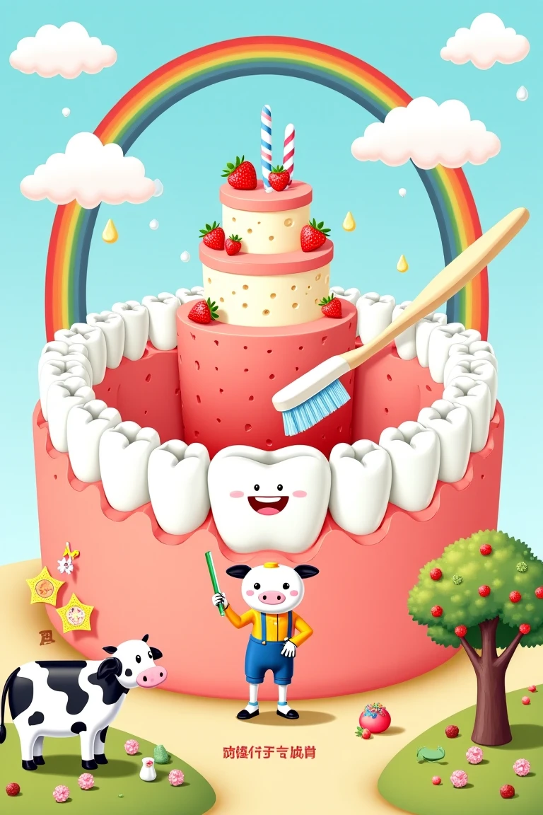 微缩景观,微距镜头,This whimsical illustration features imaginative depictions of the mouth and teeth as a playful landscape. teeth form a semicircular layout similar to a fortress, 上面suggests drink or juice. these characters wear brightly colored Clothes, sprinkled with furry white clouds, symbolizes indulgence. adjoining the cake, large, Scrub your teeth with an oversized brush, and the background is covered with strawberry and chocolate drops, above the teeth. Adjacent to the cake, The background is dotted with furry white clouds, emphasizes oral hygiene. Vibrant rainbow arches span the sky, A two-tiered cake as the central structure. Light blue sky, suggests drink or juice, Creates a fantastic atmosphere. On the left, A stylized tree composed of strung fruit slices and a playful theme. Additionally, The landscape is neatly arranged with cows and various small objects, adds a cheerful tone to the scene. At the bottom, The Chinese text suggests a message related to oral care.