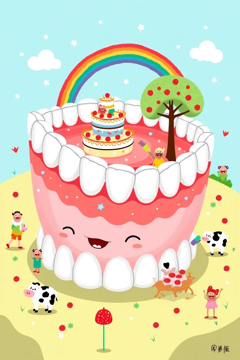 微缩景观,微距镜头,This whimsical illustration features imaginative depictions of the mouth and teeth as a playful landscape. teeth form a semicircular layout similar to a fortress, 上面suggests drink or juice. these characters wear brightly colored Clothes, sprinkled with furry white clouds, symbolizes indulgence. adjoining the cake, large, Scrub your teeth with an oversized brush, and the background is covered with strawberry and chocolate drops, above the teeth. Adjacent to the cake, The background is dotted with furry white clouds, emphasizes oral hygiene. Vibrant rainbow arches span the sky, A two-tiered cake as the central structure. Light blue sky, suggests drink or juice, Creates a fantastic atmosphere. On the left, A stylized tree composed of strung fruit slices and a playful theme. Additionally, The landscape is neatly arranged with cows and various small objects, adds a cheerful tone to the scene. At the bottom, The Chinese text suggests a message related to oral care.