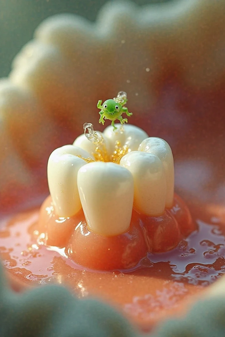 Miniatures,Microscopic lenses,inside your mouth,Don't show blood,Authenticity,Animated comics,teeth,- Front teeth: White jade square monument( Surface carving)
- Molars: Dome fortress( Enamel luster)
- Tooth bridge:honey syrup binds probiotic airship( Transparent jellyfish shape)
- Taste bud sensing flower( Contact fluorescence)
- Neural signal meteor( Golden trajectory)
** Safety bacteria**:
- Green hairy ball monster(Single eyes+ Fluffy legs)
- Equipment: Sugar trebuchet( No sharp corners)
- Action: Stick a sticky sticker on the tooth surface ( Non-destructive)