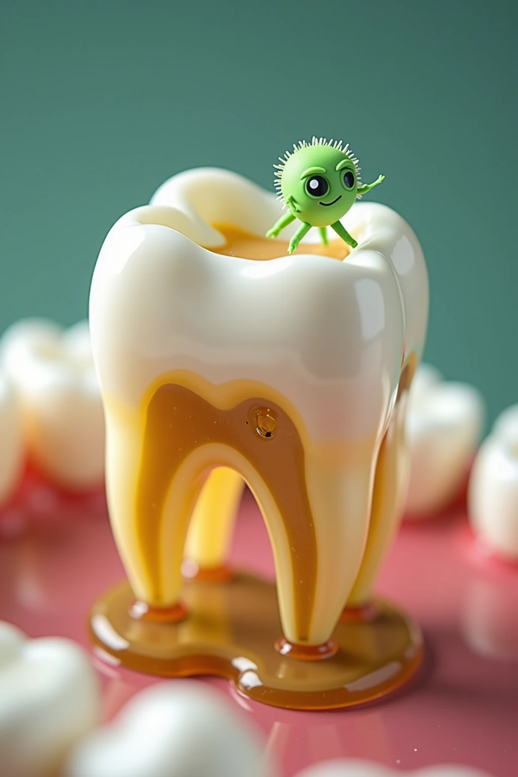 Miniatures,Microscopic lenses,inside your mouth,Don't show blood,Authenticity,Animated comics,teeth,- Front teeth: White jade square monument( Surface carving)
- Molars: Dome fortress( Enamel luster)
- Tooth bridge:honey syrup binds probiotic airship( Transparent jellyfish shape)
- Taste bud sensing flower( Contact fluorescence)
- Neural signal meteor( Golden trajectory)
** Safety bacteria**:
- Green hairy ball monster(Single eyes+ Fluffy legs)
- Equipment: Sugar trebuchet( No sharp corners)
- Action: Stick a sticky sticker on the tooth surface ( Non-destructive)