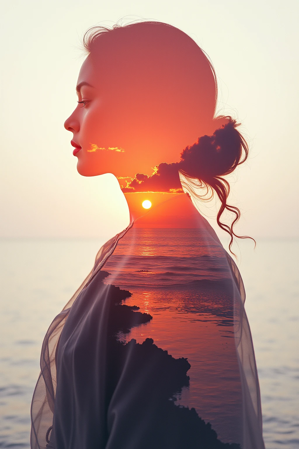 High quality,8k ultra high definition,美丽的Doubleexposure,Combines the silhouette of a goddess with the sunset coast, sunset coast should be used as the bottom background,Details are integrated into the silhouette of the goddess,Clear lines,The background is monochromatic,Focus sharp,Doubleexposure,by Yukisakura,extremely wonderful full color