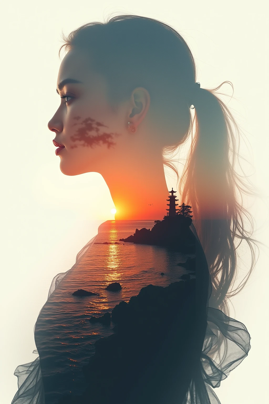 High quality,8k ultra high definition,美丽的Doubleexposure,Combines the silhouette of a goddess with the sunset coast, sunset coast should be used as the bottom background,Details are integrated into the silhouette of the goddess,Clear lines,The background is monochromatic,Focus sharp,Doubleexposure,by Yukisakura,extremely wonderful full color