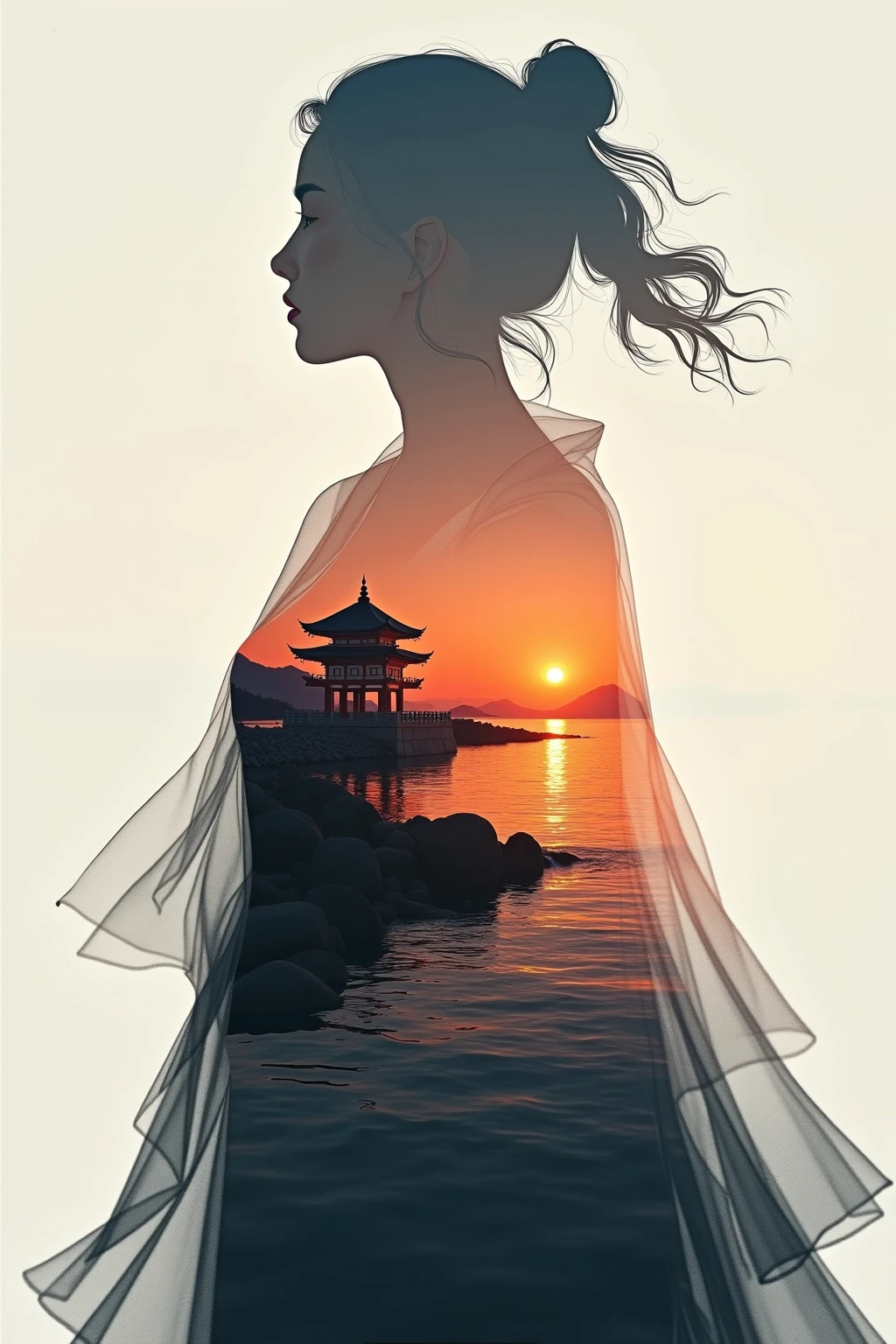 High quality,8k ultra high definition,美丽的Doubleexposure,Combines the silhouette of a goddess with the sunset coast, sunset coast should be used as the bottom background,Details are integrated into the silhouette of the goddess,Clear lines,The background is monochromatic,Focus sharp,Doubleexposure,by Yukisakura,extremely wonderful full color