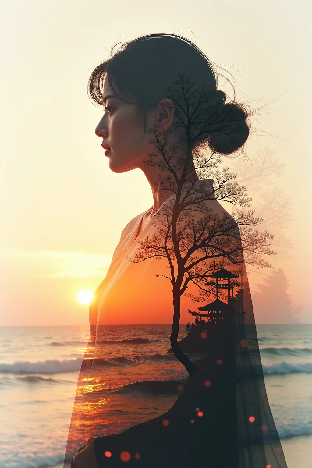 High quality,8k ultra high definition,美丽的Doubleexposure,Combines the silhouette of a goddess with the sunset coast, sunset coast should be used as the bottom background,Details are integrated into the silhouette of the goddess,Clear lines,The background is monochromatic,Focus sharp,Doubleexposure,by Yukisakura,extremely wonderful full color
