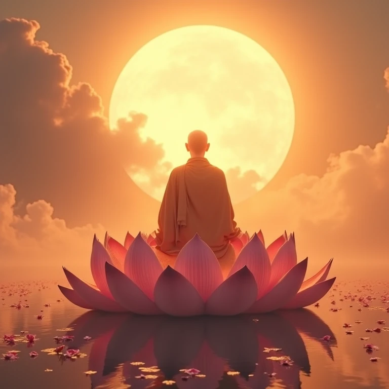 A wise man in costume sits on a huge lotus throne,The lotus stand radiates soft golden light,lotus petals falling all around,A sea of clouds twirling in the distance,There is a slight morning light,8K Ultra HD photography,Epic composition,Golden light effect,Soft glow