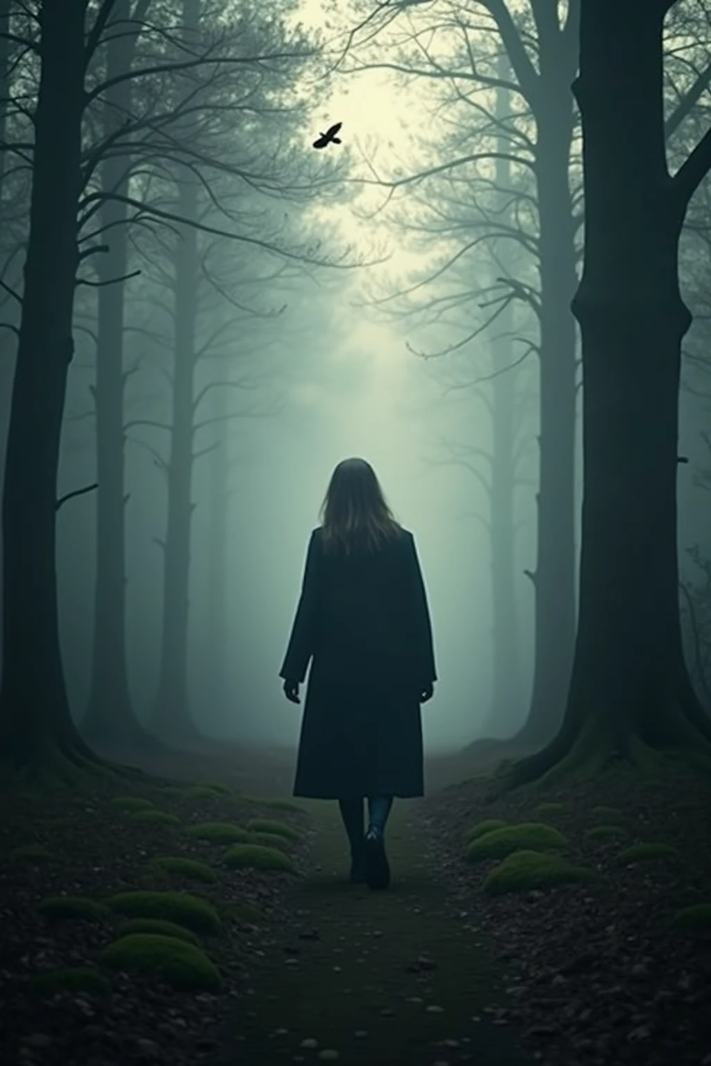 during dawn,A mysterious woman in a dark long coat walks alone through a dense fog forest. Her face is covered by shadows, As she moves silently along a mossy path,birds scatter above. The atmosphere is quiet and unforgettable, to the film, Black style digital media illustrated. Soft volumetric light passing through the trees, Create layered, Three-dimensional effects. masterpiece, misty realism, Subtle color grading, ultra-fine brushwork.