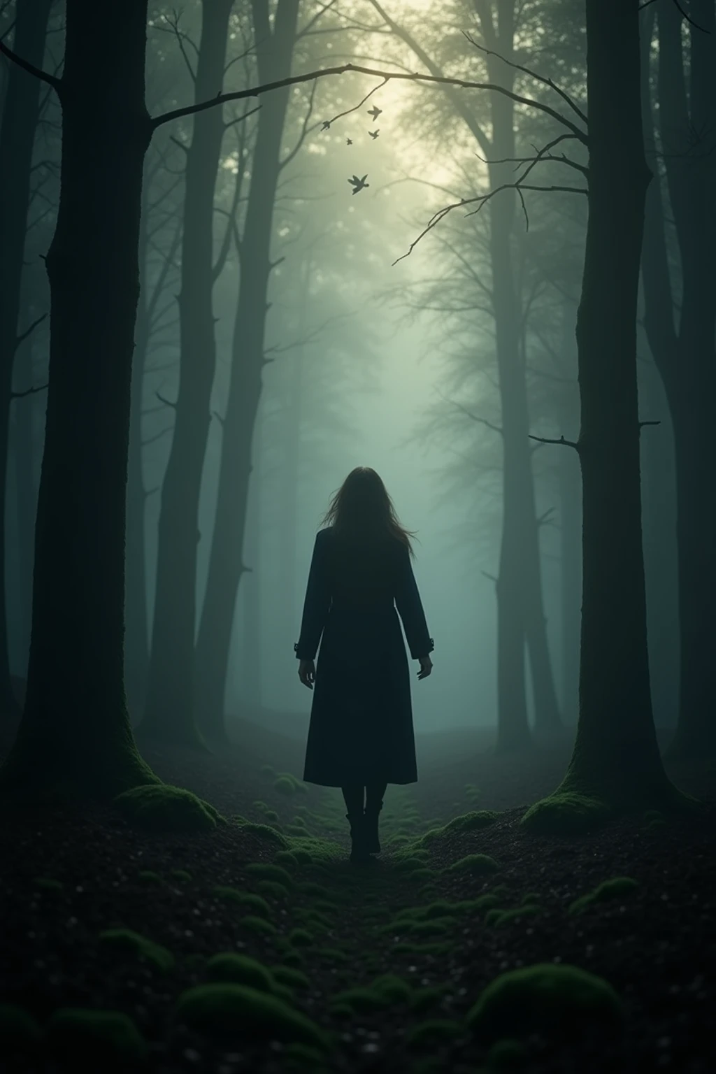 during dawn,A mysterious woman in a dark long coat walks alone through a dense fog forest. Her face is covered by shadows, As she moves silently along a mossy path,birds scatter above. The atmosphere is quiet and unforgettable, to the film, Black style digital media illustrated. Soft volumetric light passing through the trees, Create layered, Three-dimensional effects. masterpiece, misty realism, Subtle color grading, ultra-fine brushwork.