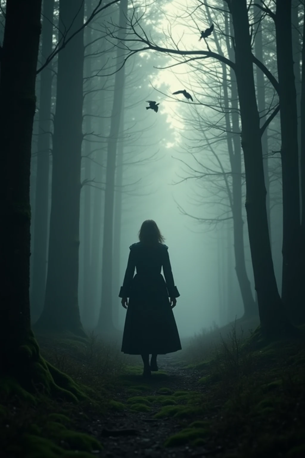 during dawn,A mysterious woman in a dark long coat walks alone through a dense fog forest. Her face is covered by shadows, As she moves silently along a mossy path,birds scatter above. The atmosphere is quiet and unforgettable, to the film, Black style digital media illustrated. Soft volumetric light passing through the trees, Create layered, Three-dimensional effects. masterpiece, misty realism, Subtle color grading, ultra-fine brushwork.