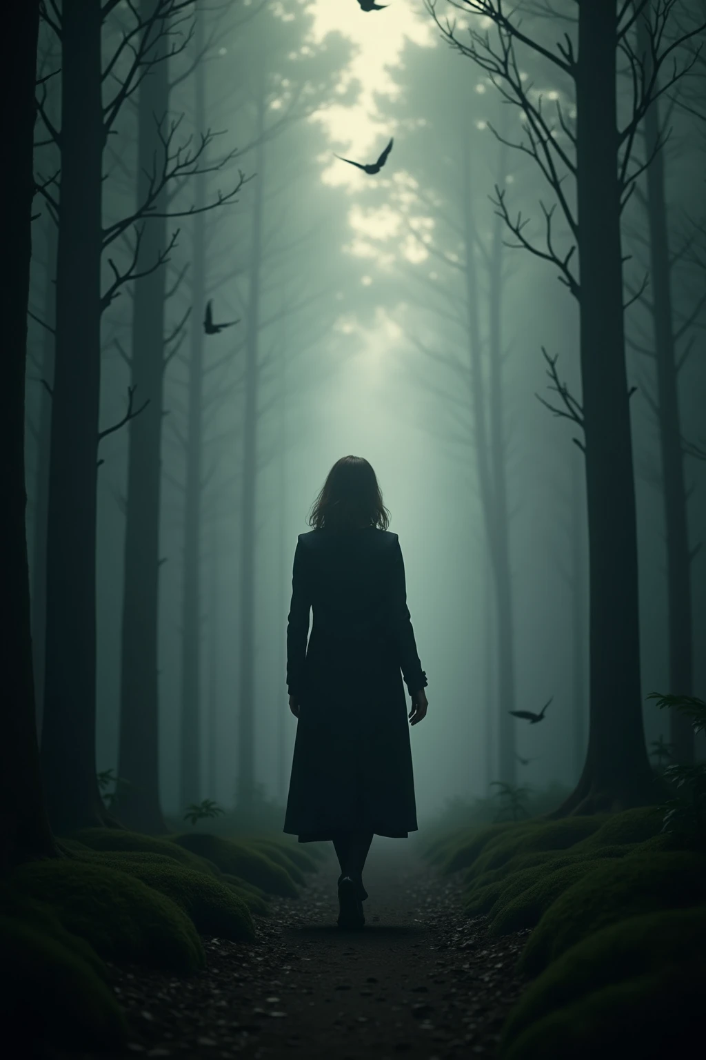 during dawn,A mysterious woman in a dark long coat walks alone through a dense fog forest. Her face is covered by shadows, As she moves silently along a mossy path,birds scatter above. The atmosphere is quiet and unforgettable, to the film, Black style digital media illustrated. Soft volumetric light passing through the trees, Create layered, Three-dimensional effects. masterpiece, misty realism, Subtle color grading, ultra-fine brushwork.