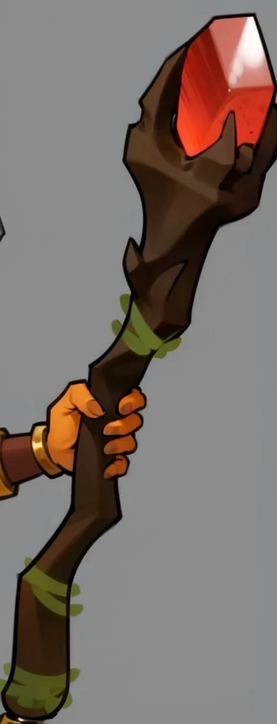 tan staff,Green vines,Red gemstones