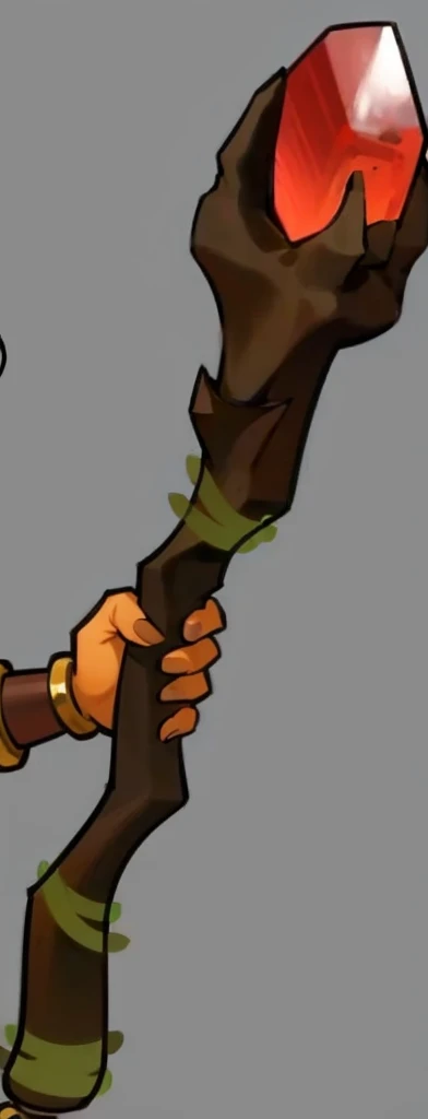 tan staff,Green vines,Red gemstones