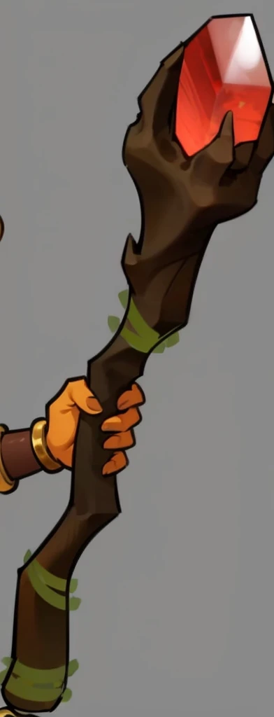 tan staff,Green vines,Red gemstones