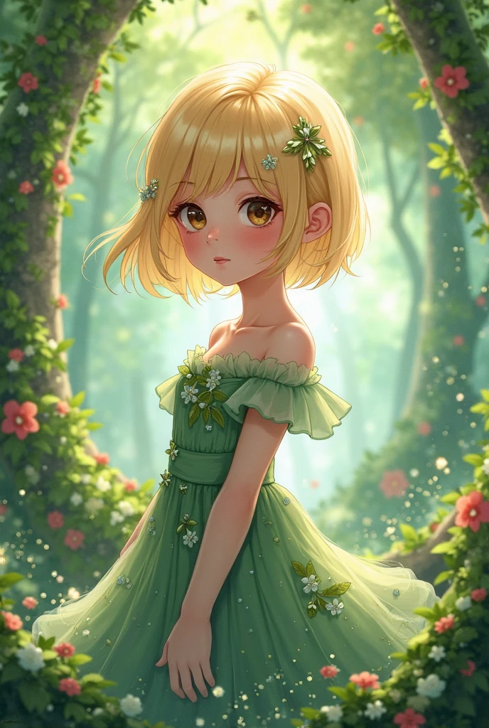 in a surrealistic landscape, a small korean girl character with short, yellow hair and white peach sits on a small chair, the scent of lavender fills the air. Her sister, with spiky, emerald hair that seems to glow with an air of mystery, wears a yellow emerald necklace with emerald beads. She wears a yellow dress with a blue bow tie and a pair of bright green ear droplets that seem to come to life, and her lips kiss it with mischief. Her eyes are filled with a sense of wisdom and thought, as if she is lost in thought. A soft, ethereal glow that illuminates the scene as if in high spirits. This is a fusion of classic and contemporary, creating a masterpiece that will transport time to another world of mystery and wonder.