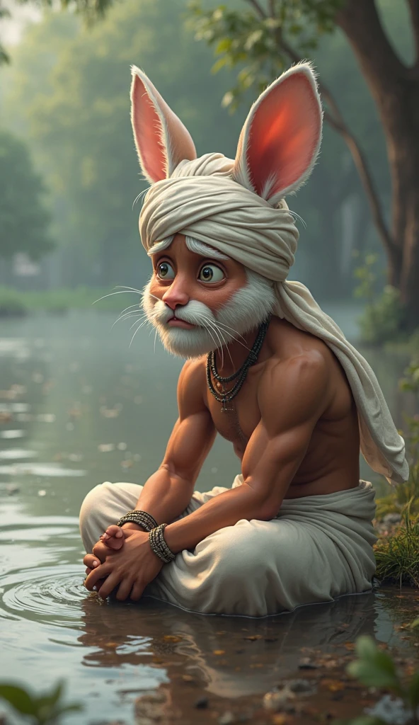 2D animation style, the small rabbit and muscular Indian farmer with ...