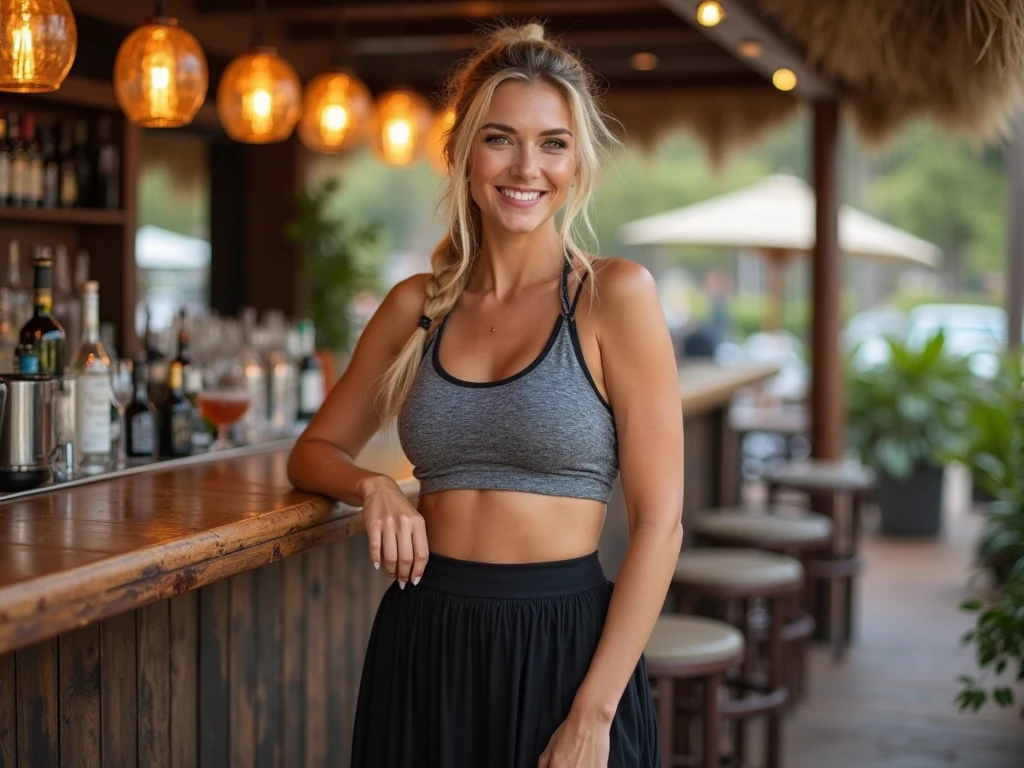 Dawn Zulueta, a solo photorealistic of Dawn Zulueta, Mature woman, (((45 years old woman))), (((Swedish brown eyes))), Swedish lips, Swedish high nose, (((with body and face wrinkle))), (((Swedish light blond long wavy curly blond hair))), (((On the veranda of a modern cafe overlooking a picturesque lake, she stands seductively, taking in the breathtaking view before her. The veranda is designed with contemporary elegance, featuring sleek metal railings and comfortable seating that allows patrons to relax and enjoy the scenery. Inside the cafe, large windows offer panoramic views of the lake, allowing natural light to flood the space and create an airy, open feel. The decor is minimalist and tasteful, with modern furnishings and perhaps some greenery to bring a touch of nature indoors.))), (((she is wearing a a bright yellow tube top paired with chic white  pants. The tube top is a bold statement piece, vibrant in color and flattering in its simplicity. It hugs the woman's upper body, accentuating her shoulders and neckline while adding a pop of cheerful color that catches the eye. Paired with the tube top, the white  pants add an element of sophistication and contrast. The pants are lightweight and airy, offering a peek at the silhouette underneath while maintaining a sense of elegance and modernity))), Let your face light up with a wide smile, crinkling your eyes at the corners and showing off your teeth. Radiate happiness and warmth., (((dynamic pose)))