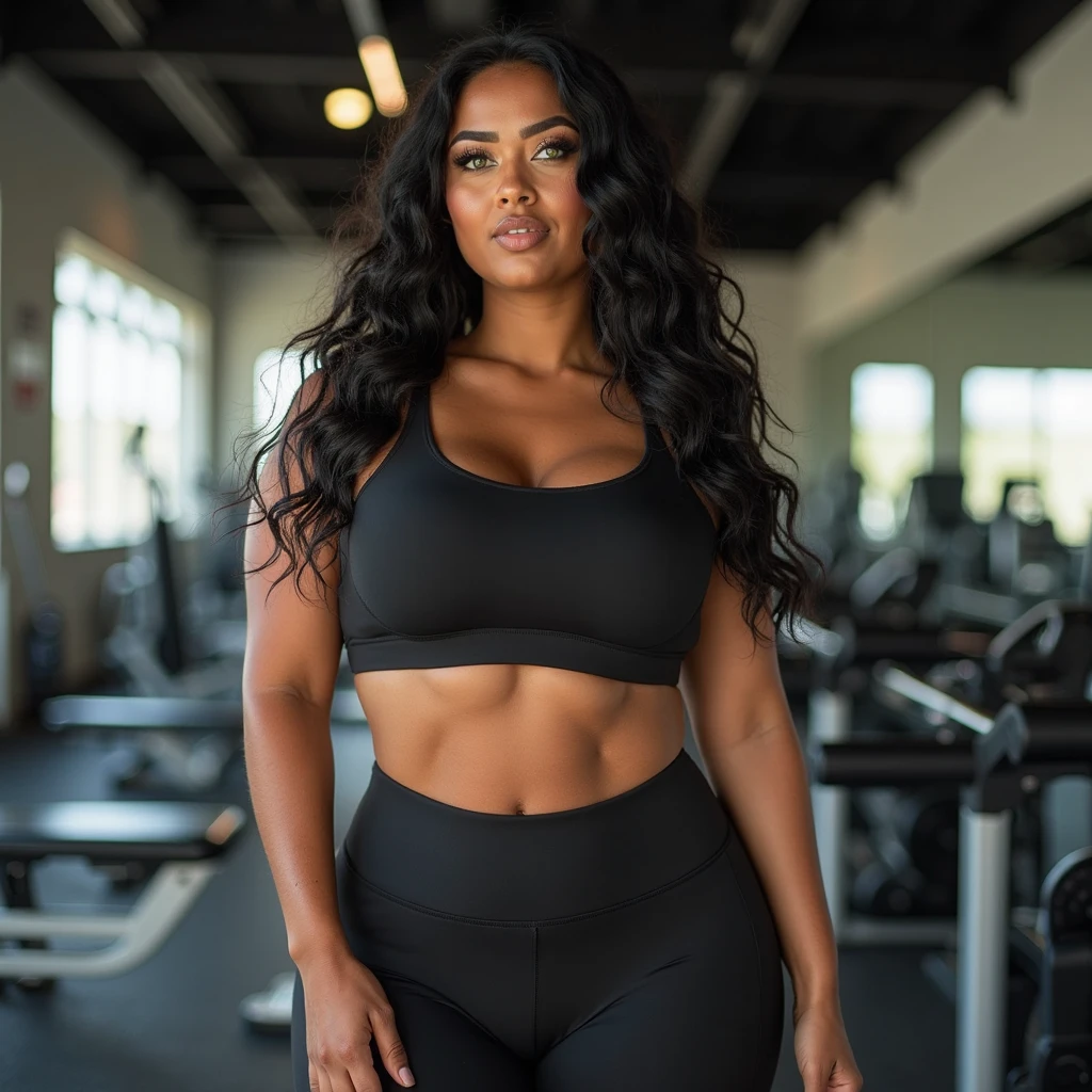 RAW photo, ((full body )) of ingrid Belásquez, venezuelan, a beautiful woman, 18 yo, brunette, wears a(( Athleisure outfit)),cleavage, (busty) , tanned skin, wonderful straight long Red longhair, round face, exotic light green eyes, fleshy mouth, thick lips, inocent face, eye contact, backing the camera, flirting at camera,  dslr,  high quality, film grain, hasselblad, helios 48mm f2, (((8k, best quality, masterpiece:1.2))), DETAILED SKIN
SKIN BLEMISH, (realistic, photo-realistic:1.37), Ultra-detailed, a close up of a Melaninated Caramel skin ebony woman with ((large hips)),((in the gym (( lifting weights )),Smiling and laughing with other people in the gym(((Looks like a mix of Dope celebrity females , Stacy Dash, Aalyah, Maya, Shakira, Ashcash, Danielle Bregoli Bhad Bhabie Hairstyle, Female Rapper Latto, Rubi Rose, RENNI RUCCI cardi b,nicky minaji))) 