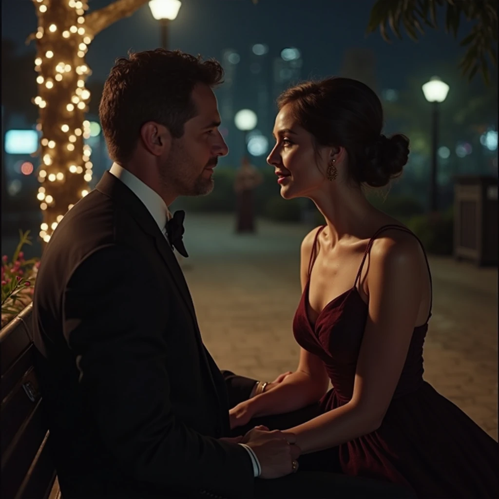 "Young woman and young man sitting on bridge, Observe breathtaking views of the burning city from above. Scenes are rendered with very realistic night vision, Create an immersive atmosphere with lightning and lightning effects. Images are top-notch quality, Boasting stunning 8K UHD graphics."