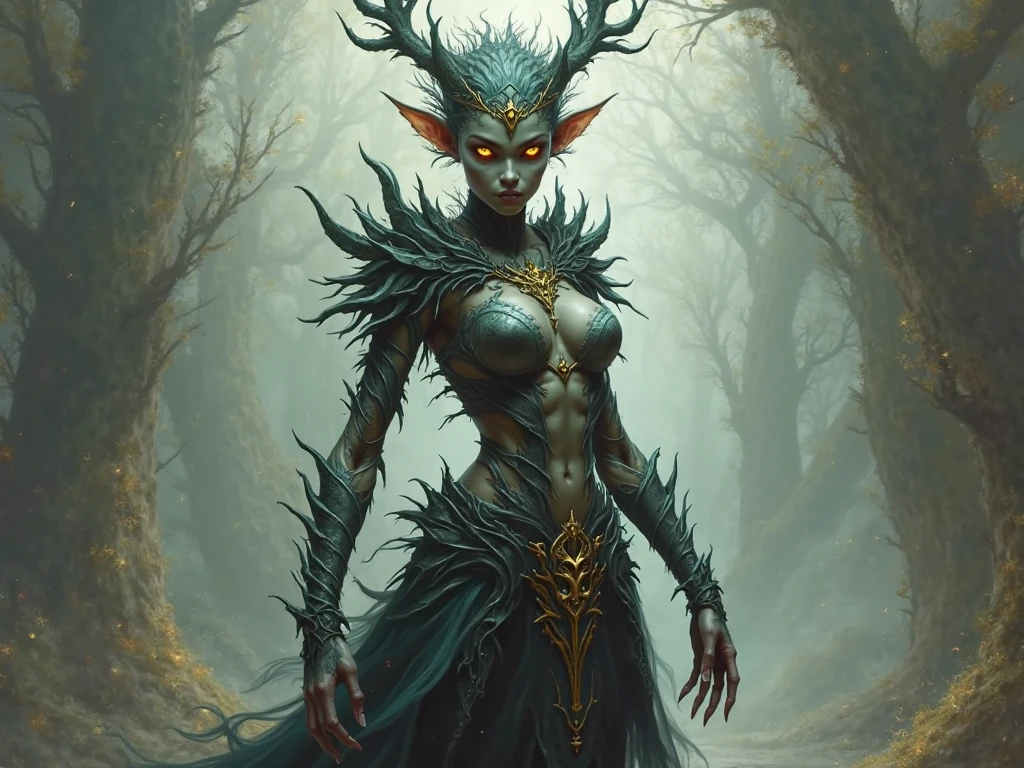 (Anthropomorphic raven halfling girl:1.3), feminine figure with a blend of human and avian features, sleek black feathers seamlessly transitioning to smooth skin, (coy expression:1.2) with a hint of a smirk on her slightly beaked lips, large expressive eyes with a clever glint, tousled raven-black hair with a few feathers peeking through, delicate human arms ending in slightly clawed hands, legs a graceful fusion of human and bird anatomy, tail feathers fanning out behind her, wearing a bohemian-style crop top and shorts accentuating her unique form, perched on a gnarled tree branch, soft dappled forest lighting, shallow depth of field, 8K resolution