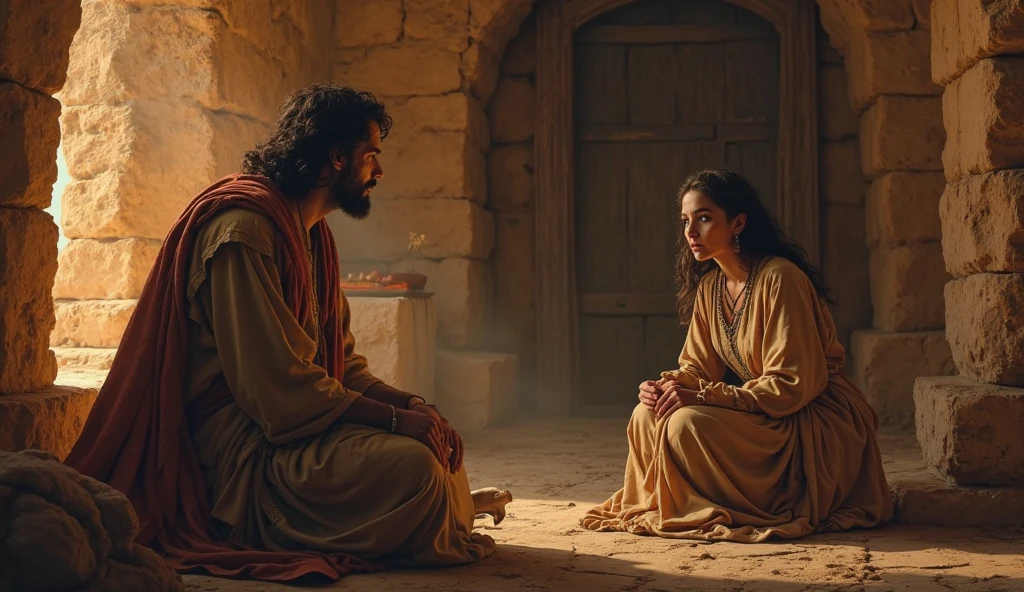 (best quality: 1.4), (Ultra Highres: 1.2), (photorealistic: 1.4), (8k, RAW photo: 1.2). The description of the Samaritan woman's physical appearance is not detailed in the biblical narrative, but her Samaritan origin suggests that she likely had similar characteristics to other people in the region, the story of the Samaritan woman, she is receiving a royal messenger at the entrance to her home