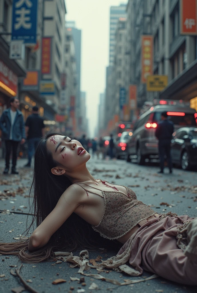 Chinese, young woman, big breasts, blue jacket, white sweater, denim shorts, high heel sandals, belly button, dead, on the street, eyes closed 