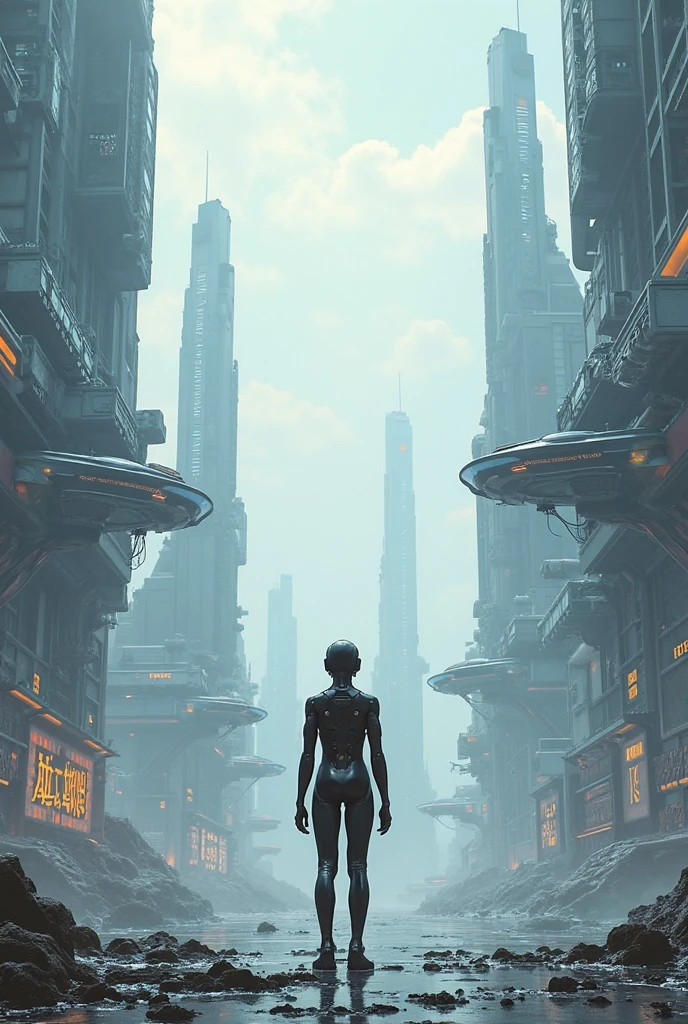 faithful image of Aeon Flux, linda, ultra detalhada, she is crouching ON THE EDGE OF A TERRACE OF AN ULTRA FUTURISTIC BUILDING, SHE IS POINTING HER FINGER AT THE GROUND LOOKING AT THE CITY, THERE ARE rounded buildings in an abandoned, ultra-futuristic megalopolis city, ORANGE SKY, the city has many metallic buildings with mirrored glass in light colors that reflect the sunlight, alien architecture, the city has shades of metal gray, has beautiful metal structures, dark ultrafuturistic cars on the streets, desert megalopolis, many tall rounded buildings on the horizon, tall futuristic metal buildings, many ultramodern buildings around, as realistic as possible, as detailed as possible, Science fiction, there are 2 planets in the sky through the dense atmosphere, ORANGE SKY
